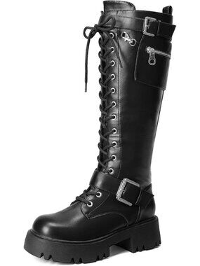 Women's Black Round Toe Lace Up Removable Pocket Zipper Knee High Combat Boots
